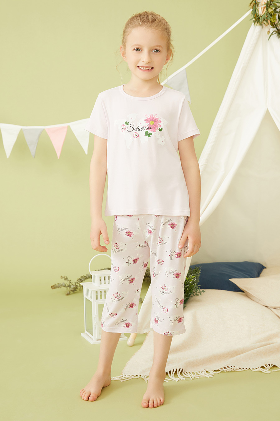 SCHIESSER/舒雅童装2021夏季新品女童莫代尔印花短袖家居套装