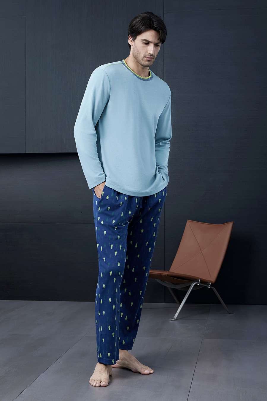 SCHIESSER舒雅23秋新品男士纯棉双面布睡衣长袖家居服套装21683H