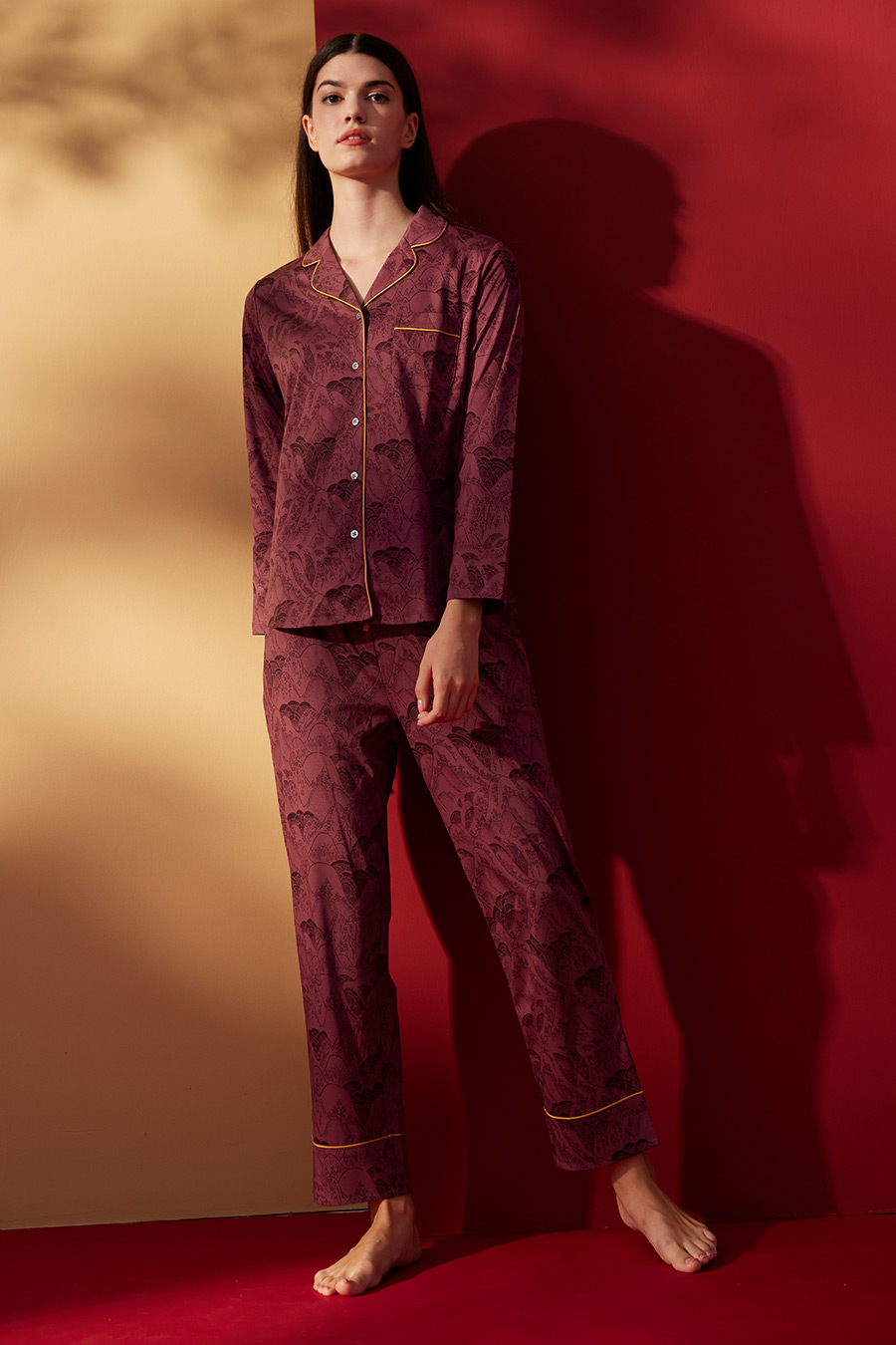 SCHIESSER舒雅铂雅23秋新品女士纯棉70S丝光棉小翻领睡衣家居套装