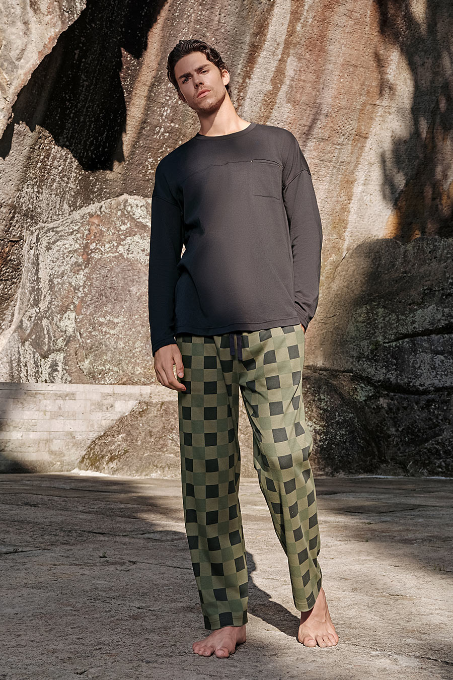 SCHIESSER舒雅25早秋新品男士纯棉棋盘格圆领大码睡衣家居服套装