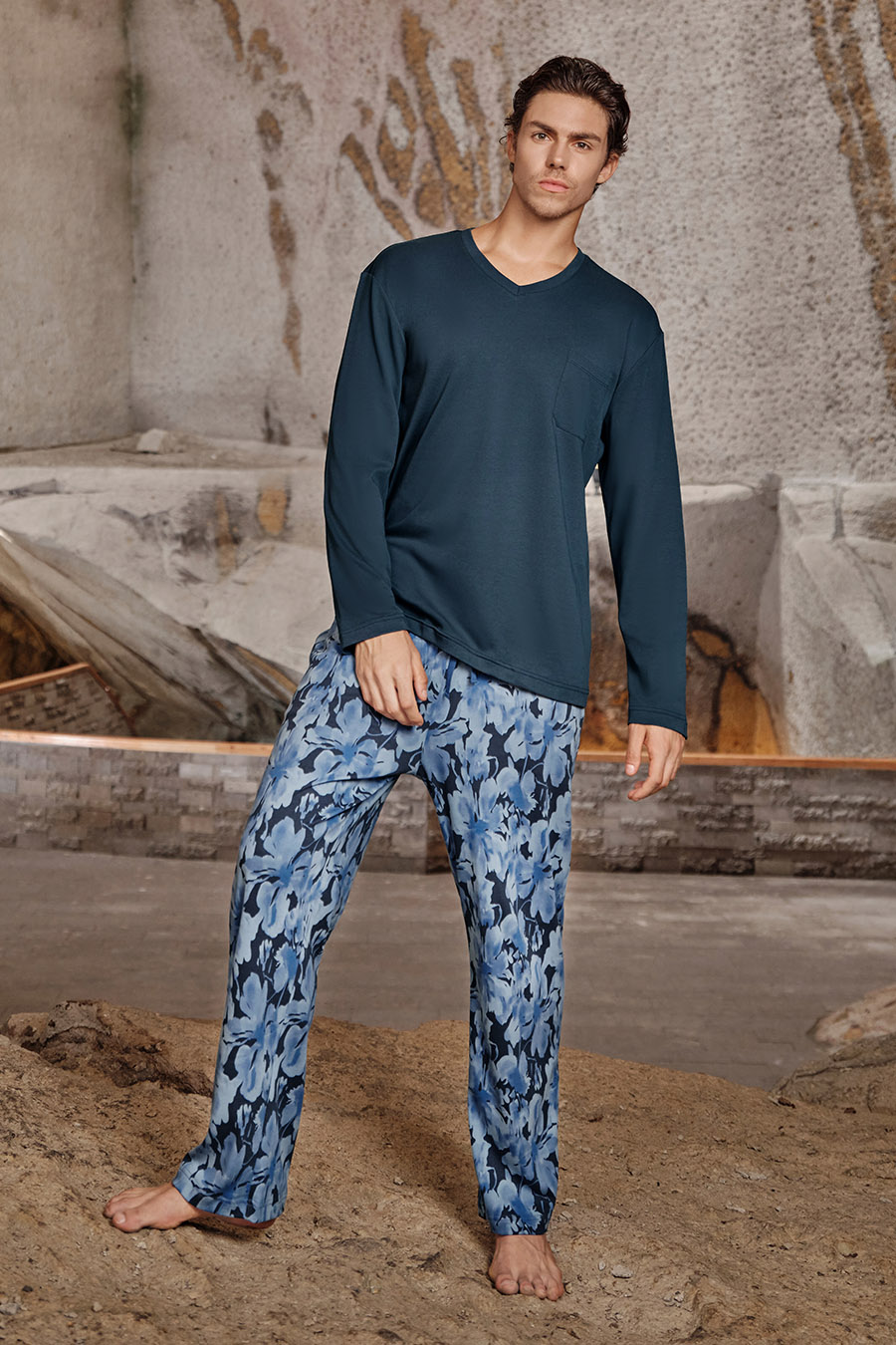 SCHIESSER舒雅25早秋新品男士纯棉印花V领大码睡衣家居服套装