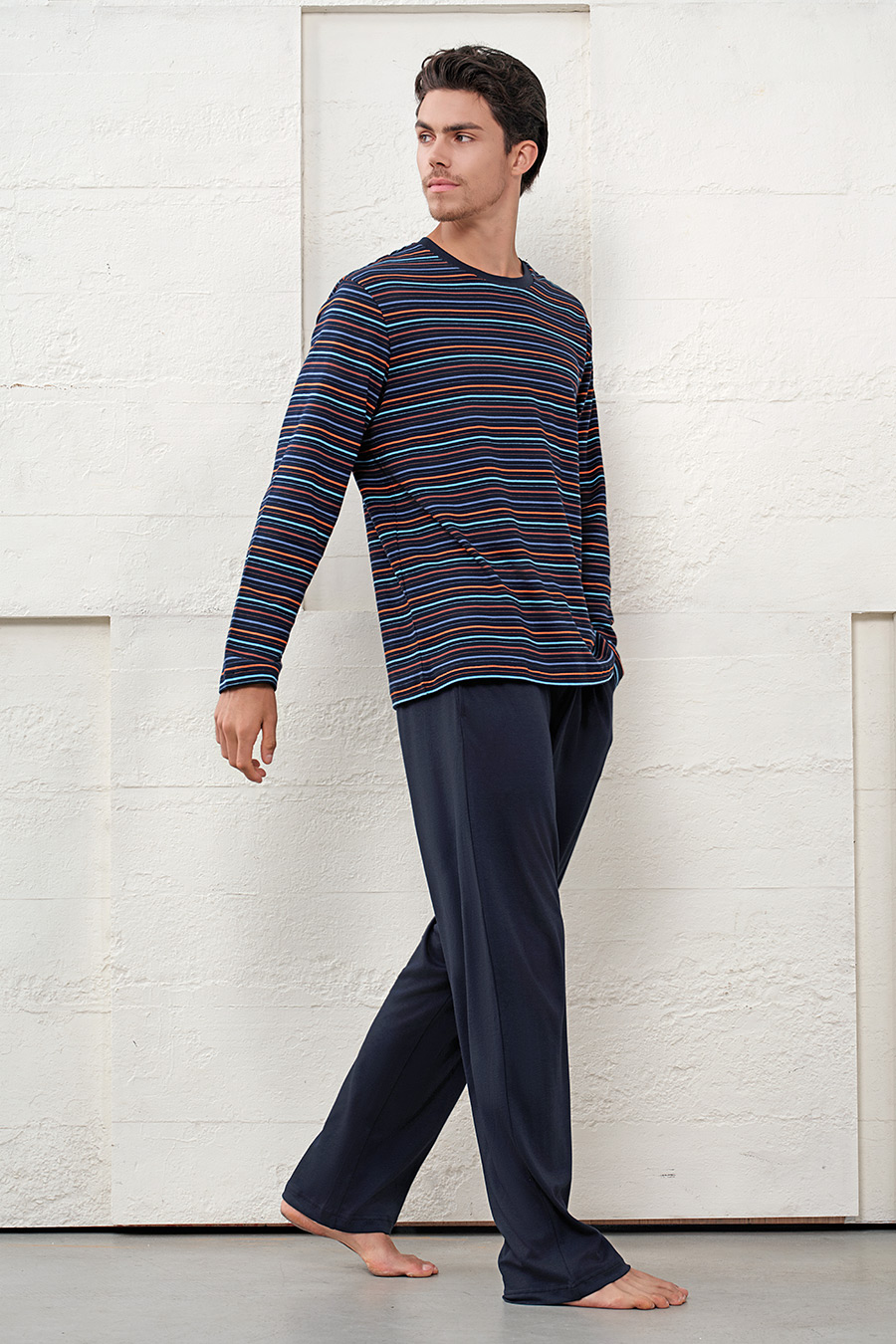 SCHIESSER舒雅25早秋新品男士棉莫代尔条纹加大码睡衣家居服套装