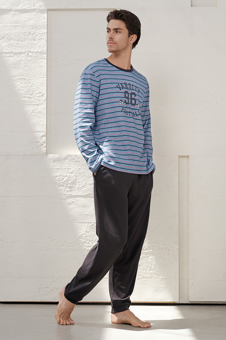 SCHIESSER舒雅25年早秋新品男士纯棉条纹圆领大码睡衣家居服套装