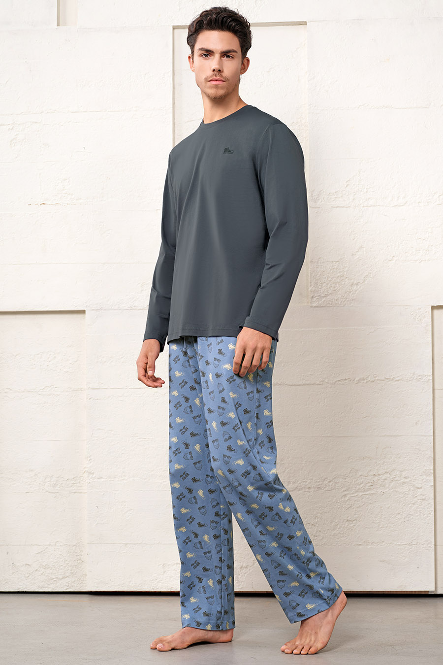 SCHIESSER舒雅25年早秋新品男士纯棉印花圆领大码睡衣家居服套装