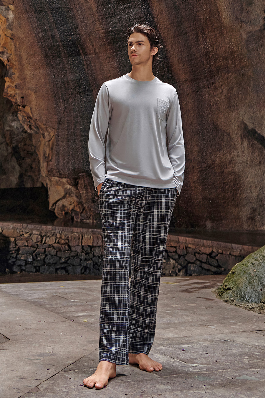 SCHIESSER舒雅25年早秋新品男士棉质格子圆领大码睡衣家居服套装