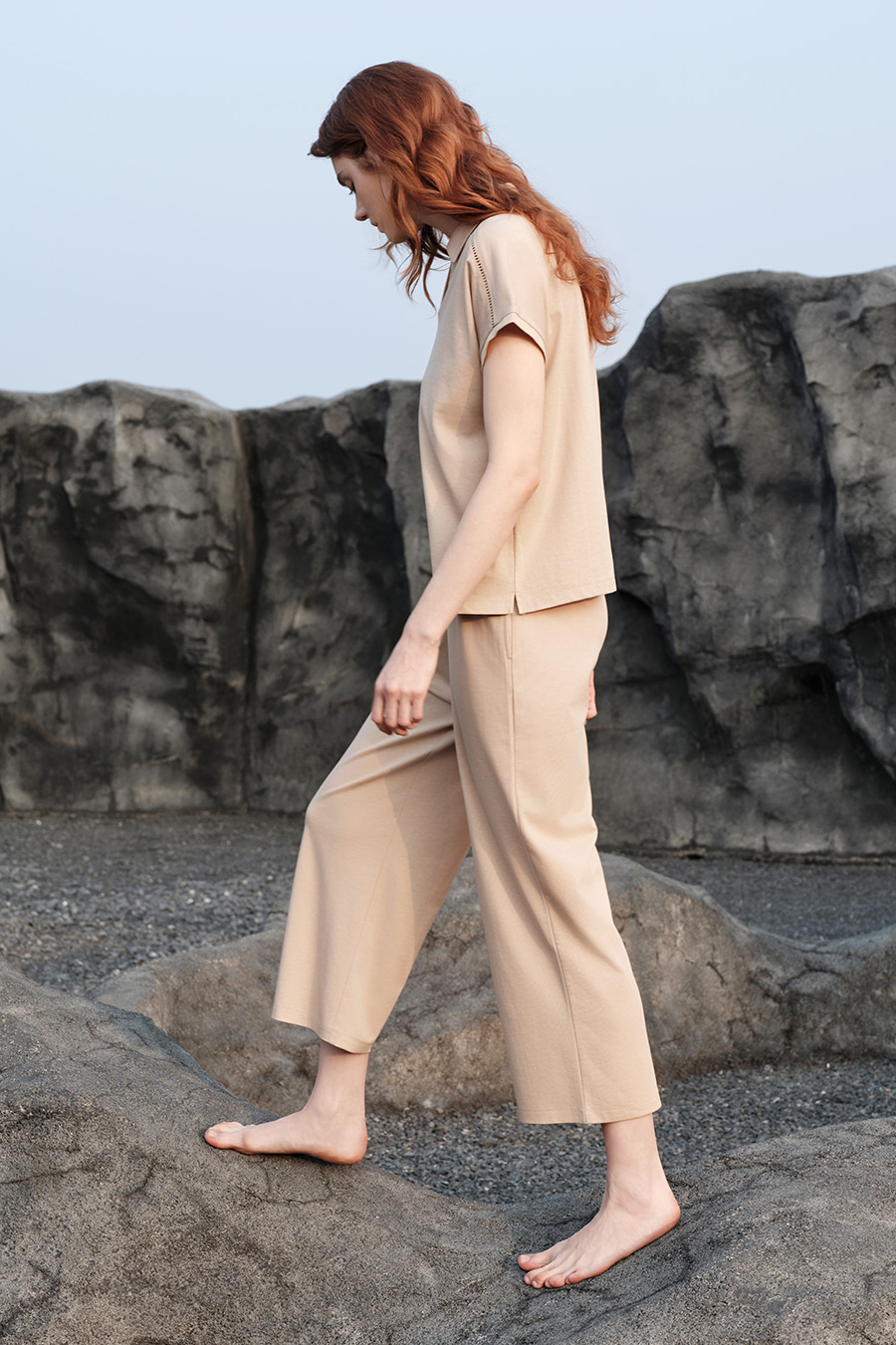 SCHIESSER舒雅26早春新品女士翻领连肩镂空短袖九分裤家居服套装