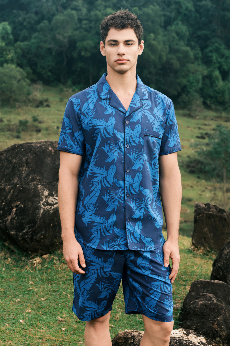 SCHIESSER舒雅24年早春新品男士純棉梭織翻領睡衣家居服套裝22765